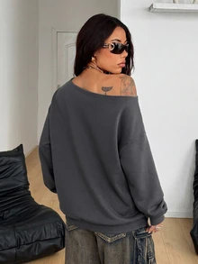 Coolane Women's Fall/Winter Rave Outfit Streetwear Sexy Y2k Chic Grunge Vintage Punk Goth Luxury Warm Sparkly Rivet Grey Off The Shoulder Sweatshirt - Grey - View 7
