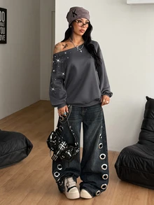 Coolane Women's Fall/Winter Rave Outfit Streetwear Sexy Y2k Chic Grunge Vintage Punk Goth Luxury Warm Sparkly Rivet Grey Off The Shoulder Sweatshirt - Grey - View 3