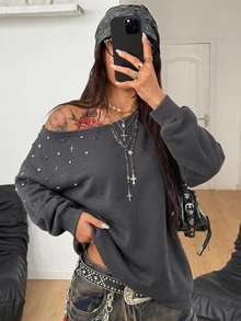 Coolane Women's Fall/Winter Rave Outfit Streetwear Sexy Y2k Chic Grunge Vintage Punk Goth Luxury Warm Sparkly Rivet Grey Off The Shoulder Sweatshirt - Grey - View 5