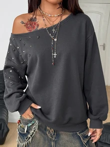 Coolane Women's Fall/Winter Rave Outfit Streetwear Sexy Y2k Chic Grunge Vintage Punk Goth Luxury Warm Sparkly Rivet Grey Off The Shoulder Sweatshirt - Grey - View 6