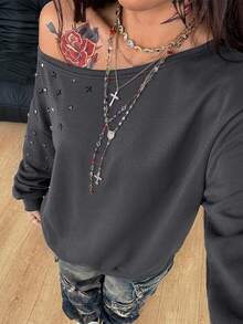 Coolane Women's Fall/Winter Rave Outfit Streetwear Sexy Y2k Chic Grunge Vintage Punk Goth Luxury Warm Sparkly Rivet Grey Off The Shoulder Sweatshirt - Grey - View 4