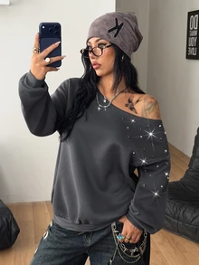 Coolane Women's Fall/Winter Rave Outfit Streetwear Sexy Y2k Chic Grunge Vintage Punk Goth Luxury Warm Sparkly Rivet Grey Off The Shoulder Sweatshirt - Grey - View 1