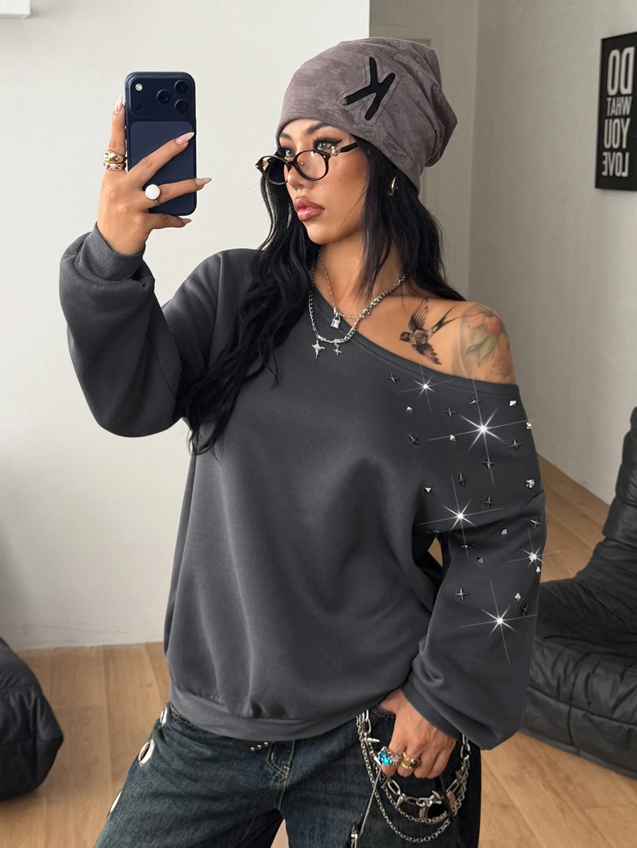 Coolane Women's Fall/Winter Rave Outfit Streetwear Sexy Y2k Chic Grunge Vintage Punk Goth Luxury Warm Sparkly Rivet Grey Off The Shoulder Sweatshirt - Grey - View 1
