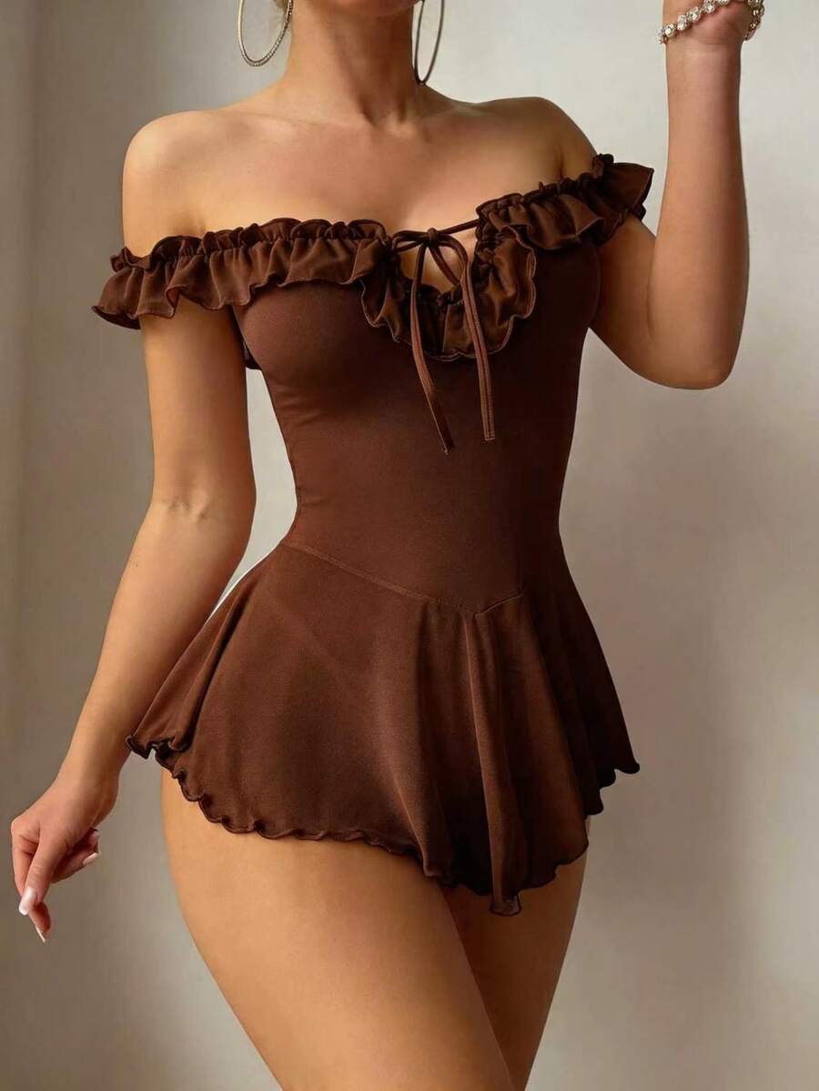 SHEIN 性感網紗露肩荷葉邊深V領繫帶洋裝兩件套 - 棕色 - 查看 1