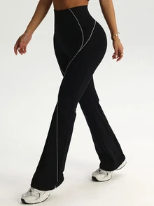 Dewbera Dewbera Women's Striped Contrast Color Flared Leg Sports Pants - Black and White - View 7