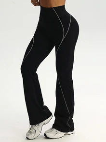 Dewbera Dewbera Women's Striped Contrast Color Flared Leg Sports Pants - Black and White - View 5
