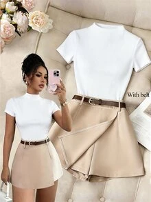 SHEIN Raffinéa Women's Elegant White High-Neck Ribbed Top And Khaki Skort Set,2 Pieces Summer Outfit With Belt,Classy Casual Brunch Vacation Attire,Summer Set - White - View 4