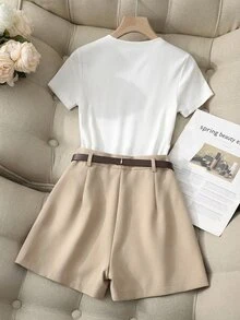 SHEIN Raffinéa Women's Elegant White High-Neck Ribbed Top And Khaki Skort Set,2 Pieces Summer Outfit With Belt,Classy Casual Brunch Vacation Attire,Summer Set - White - View 5