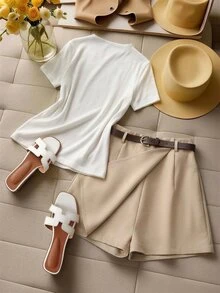 SHEIN Raffinéa Women's Elegant White High-Neck Ribbed Top And Khaki Skort Set,2 Pieces Summer Outfit With Belt,Classy Casual Brunch Vacation Attire,Summer Set - White - View 6