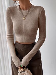 SHEIN Raffinéa Suéter ajustado de punto acanalado cómodo para viajes y vacaciones, de color liso y minimalista - Caqui - Ver 10