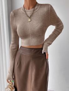 SHEIN Raffinéa Suéter ajustado de punto acanalado cómodo para viajes y vacaciones, de color liso y minimalista - Caqui - Ver 8