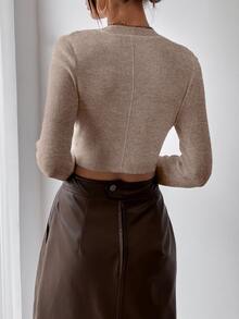 SHEIN Raffinéa Suéter ajustado de punto acanalado cómodo para viajes y vacaciones, de color liso y minimalista - Caqui - Ver 3