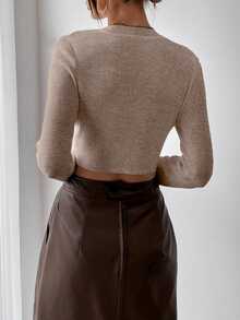 SHEIN Raffinéa Suéter ajustado de punto acanalado cómodo para viajes y vacaciones, de color liso y minimalista - Caqui - Ver 6