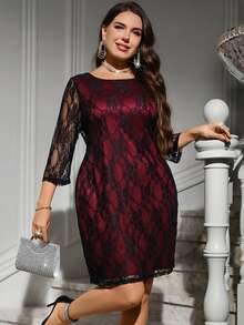 Reflora Plus Size Women's Lace Sexy Date Wedding Guest Party Dress Autumn Halloween Black Christmas - Burgundy - View 2