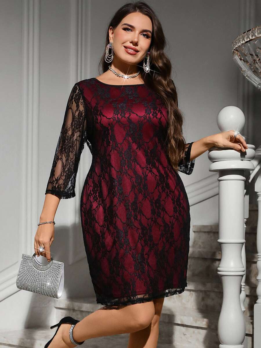 Reflora Plus Size Women's Lace Sexy Date Wedding Guest Party Dress Autumn Halloween Black Christmas