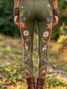 SHEIN LUNE Women's Retro Halloween Rose Skull Print Leggings - Multicolor - View 2