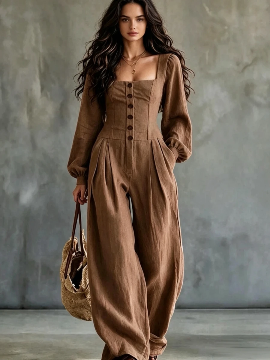 CHARMVALE Women's Solid Color Pocket Pleated Casual Everyday Jumpsuit - Khaki - View 1