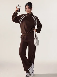 Sovereign Charm Sovereign Charm Women's Striped Half-Zip Long Sleeve Sports Sweatshirt - Brown - View 7