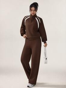 Sovereign Charm Sovereign Charm Women's Striped Half-Zip Long Sleeve Sports Sweatshirt - Brown - View 6