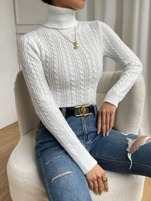 SHEIN 麻花针织高领毛衣，长袖针织套头衫，秋冬季 - 白色 - 查看 5
