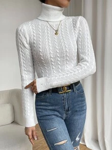 SHEIN 麻花针织高领毛衣，长袖针织套头衫，秋冬季 - 白色 - 查看 7