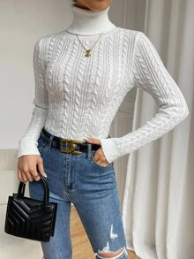 SHEIN 麻花针织高领毛衣，长袖针织套头衫，秋冬季 - 白色 - 查看 4