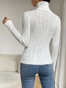 SHEIN 麻花针织高领毛衣，长袖针织套头衫，秋冬季 - 白色 - 查看 2