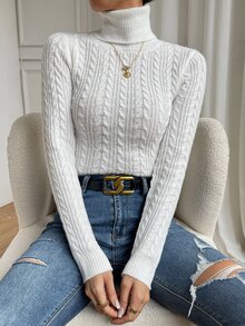 SHEIN 麻花针织高领毛衣，长袖针织套头衫，秋冬季 - 白色 - 查看 3
