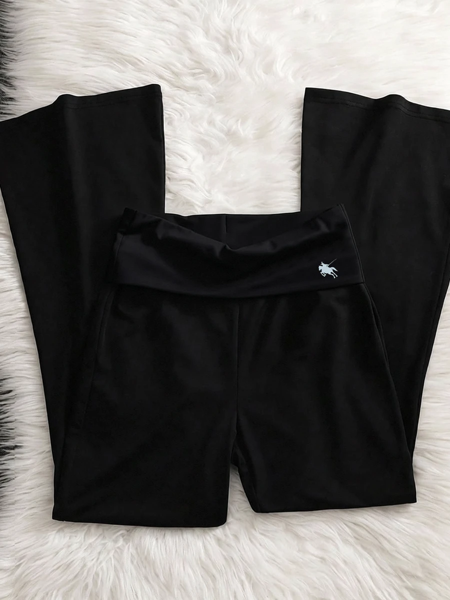 SHEIN Teen Girl 1pc High Waist Flare Leg Knitted Black Pants Halloween Autumn Fall Gym Beach Sport Junior White Baggy Cute