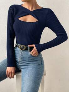 SHEIN Raffinéa Twist Cut Out Front Ribbed Knit Sweater,Long Sleeve Tops Knit Pullover Fall Winter Sweater - Navy Blue - View 7
