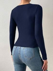 SHEIN Raffinéa Twist Cut Out Front Ribbed Knit Sweater,Long Sleeve Tops Knit Pullover Fall Winter Sweater - Navy Blue - View 5
