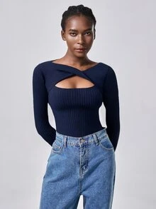 SHEIN Raffinéa Twist Cut Out Front Ribbed Knit Sweater,Long Sleeve Tops Knit Pullover Fall Winter Sweater - Navy Blue - View 3