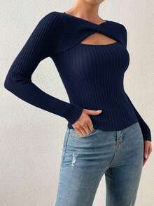 SHEIN Raffinéa Twist Cut Out Front Ribbed Knit Sweater,Long Sleeve Tops Knit Pullover Fall Winter Sweater - Navy Blue - View 6