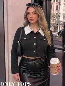 SHEIN MOD Plus-Size Women's Classic And Elegant Casual Short Blazer, Peter Pan Collar, Metal Button Closure, Retro Cropped Style, Office Formal Black Fall - Black and White - View 7