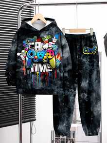 SHEIN Young Boys Casual Minimalist Cartoon Game Console Pattern Loose Long Sleeve Hooded Sweatshirt 2 Pieces Set, Graphic Print Loose Long Sleeve Hooded Sweatshirt 2 Pieces Set, Suitable For Autumn/Winter - Multicolor - View 3