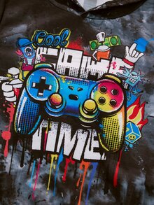SHEIN Young Boys Casual Minimalist Cartoon Game Console Pattern Loose Long Sleeve Hooded Sweatshirt 2 Pieces Set, Graphic Print Loose Long Sleeve Hooded Sweatshirt 2 Pieces Set, Suitable For Autumn/Winter - Multicolor - View 4