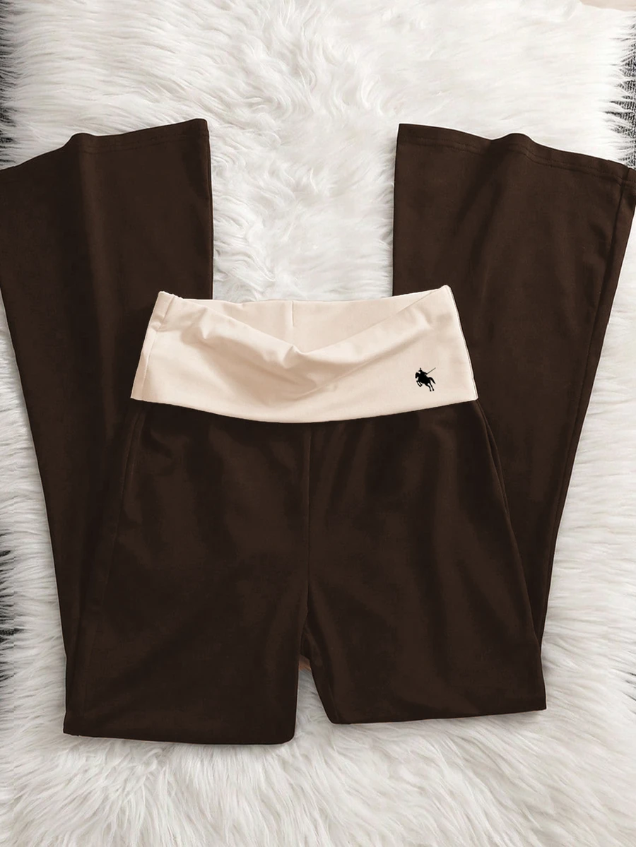 SHEIN Teen Girl Winter Waist Fold Casual Junior Baggy Cute Versatile Flare Pants, Holiday, Comfortable, Daily Sports Gym Black White Beach Work Beige - Multicolor - View 1