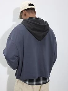 FORM&CHAOS Men's Autumn/Winter Hooded Contrast Color Raw Edge Long Sleeve Short Sweatshirt - Multicolor - View 7