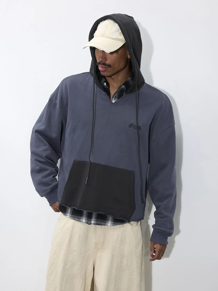 FORM&CHAOS Men's Autumn/Winter Hooded Contrast Color Raw Edge Long Sleeve Short Sweatshirt - Multicolor - View 1