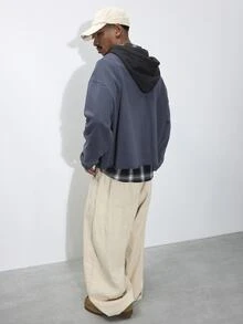 FORM&CHAOS Men's Autumn/Winter Hooded Contrast Color Raw Edge Long Sleeve Short Sweatshirt - Multicolor - View 2