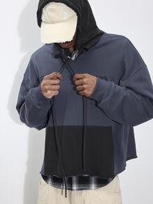 FORM&CHAOS Men's Autumn/Winter Hooded Contrast Color Raw Edge Long Sleeve Short Sweatshirt - Multicolor - View 8