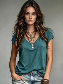 Omancia Casual Versatile Solid Color T-Shirt, Summer - Teal Blue - View 1