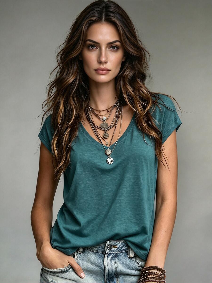Omancia Casual Versatile Solid Color T-Shirt, Summer - Teal Blue - View 1