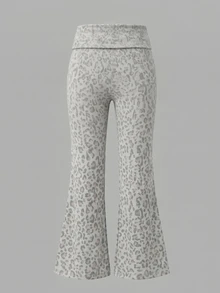 SHEIN Teen Girls Long Sleeve Fleece Winter Leopard Print High Waisted Flare Pants Y2K Style Wide Waistband Grey Animal Pattern Casual Bootcut Trousers Ae... - Multicolor - View 2