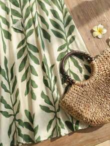 Breezaya Women's Green Leaf Print Tie-Strap A-Line Dress, Suitable For Vacation And Outdoor Activities, Spring/Summer Vacation Beach Tropical - Green - View 7