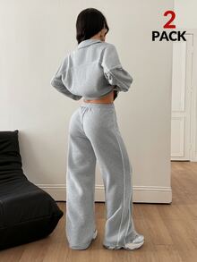 Coolane Women's Fall/Winter Basic Grey Casual Gym Two Pieces Outfits 33%Cotton Streetwear Sportswear Zip Front Hoodie & Drawstring Pants Banded Texture Set - Grey - View 7