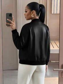 SHEIN Lady CURVE Plus Size Women's Solid Color Baseball Collar Fashion Versatile Jacket Going Out Formal Black Fall Casual Elegant - Black - View 2