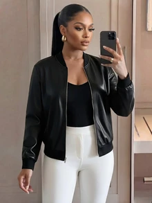 SHEIN Lady CURVE Plus Size Women's Solid Color Baseball Collar Fashion Versatile Jacket Going Out Formal Black Fall Casual Elegant - Black - View 4