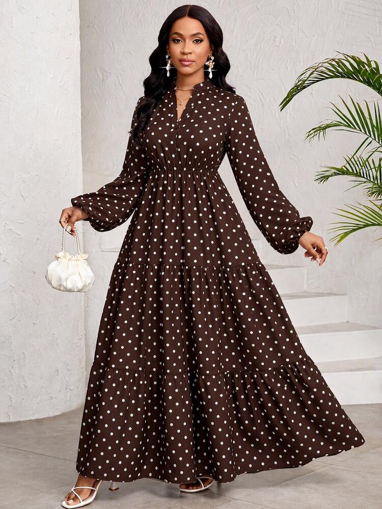 SHEIN Lady Plus Size French Brown Print Long Sleeve Vacation Dress Fall Brunch Party Evening Elegant - Brown - View 4