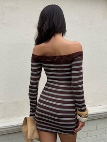 FavEase Women's Brown Dress With Straight Neckline, Striped Pattern And Lace Trim - Brown - View 2